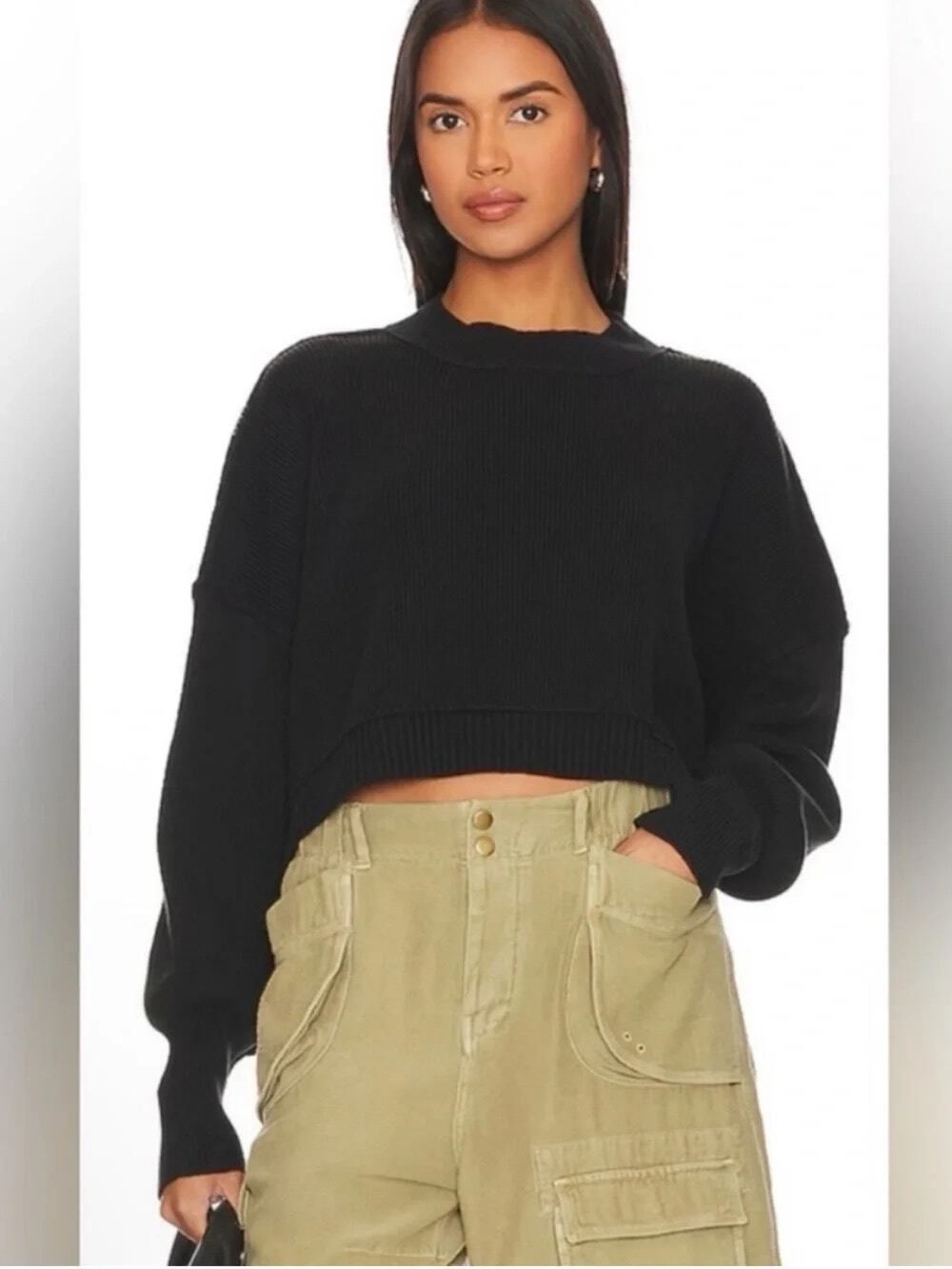 Free People Easy Street Crop Sweater Black XS